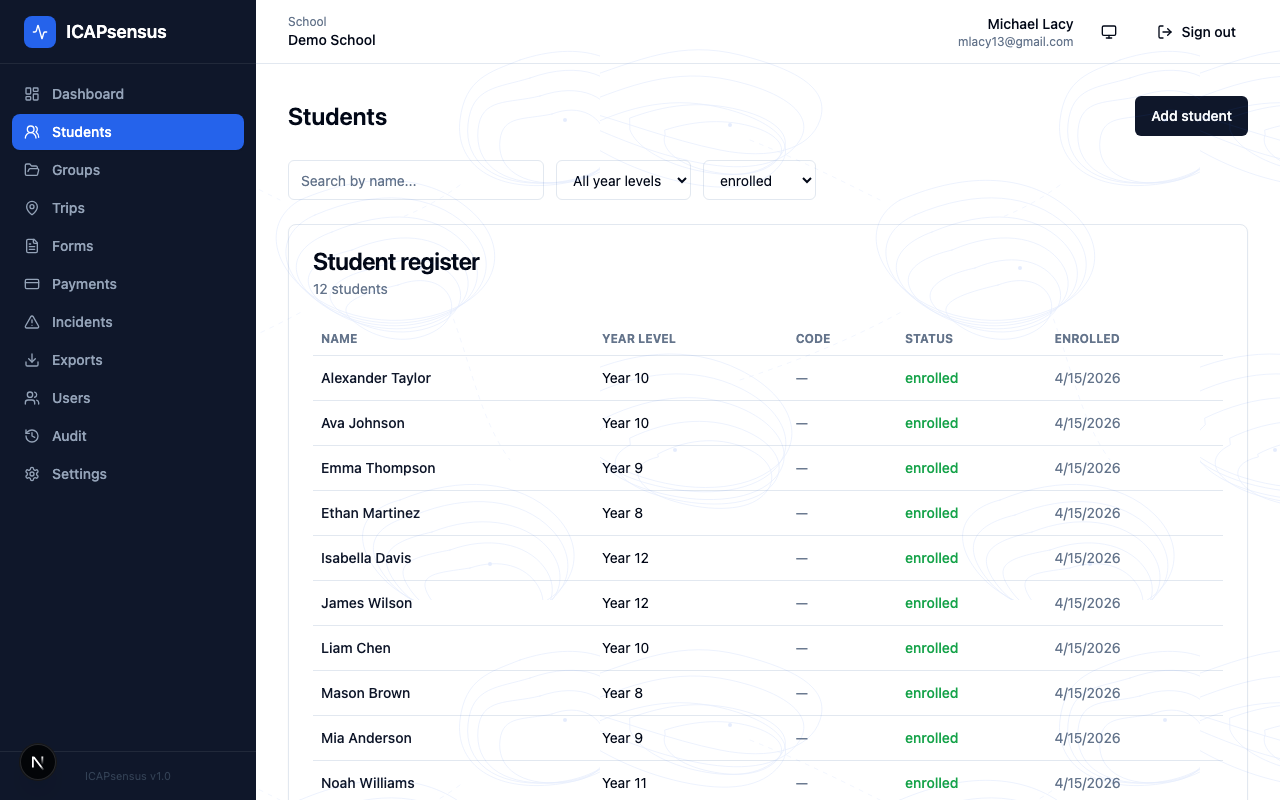 ICAPsensus student register list